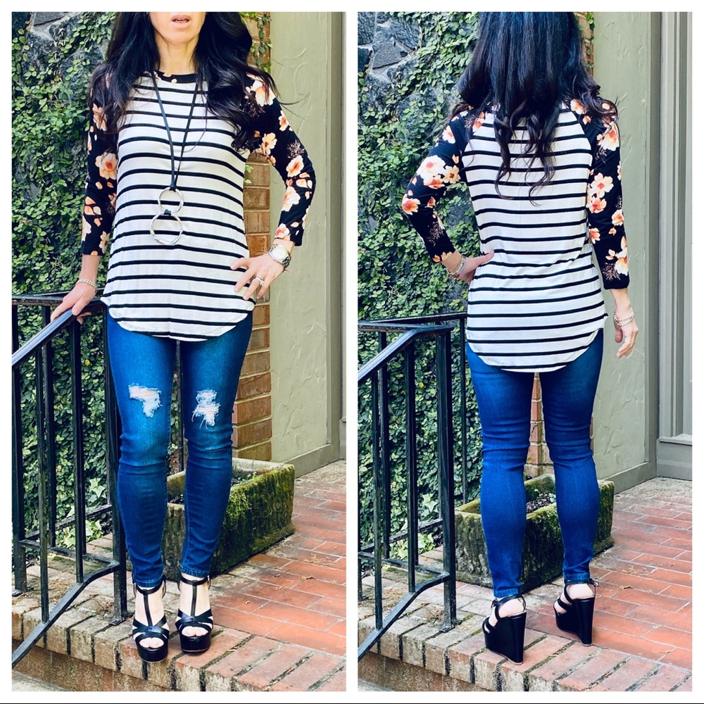 ✨LAST ONES✨Stripe floral raglan sleeves top - Picture 2 of 8